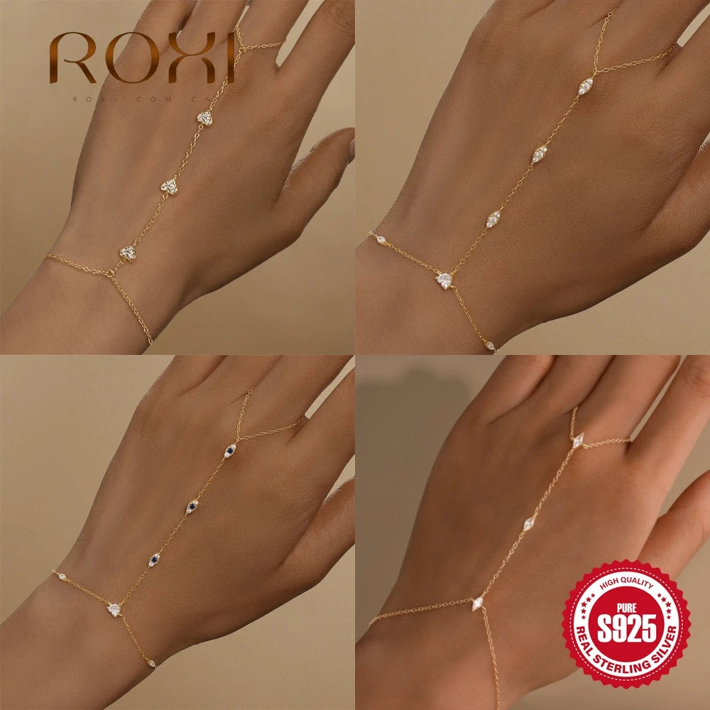 ROXI 925 Sterling Silver Heart/Star Zircon Bracelet With Finger Design For Women Hand Chain Accessories Party Jewelry Gift