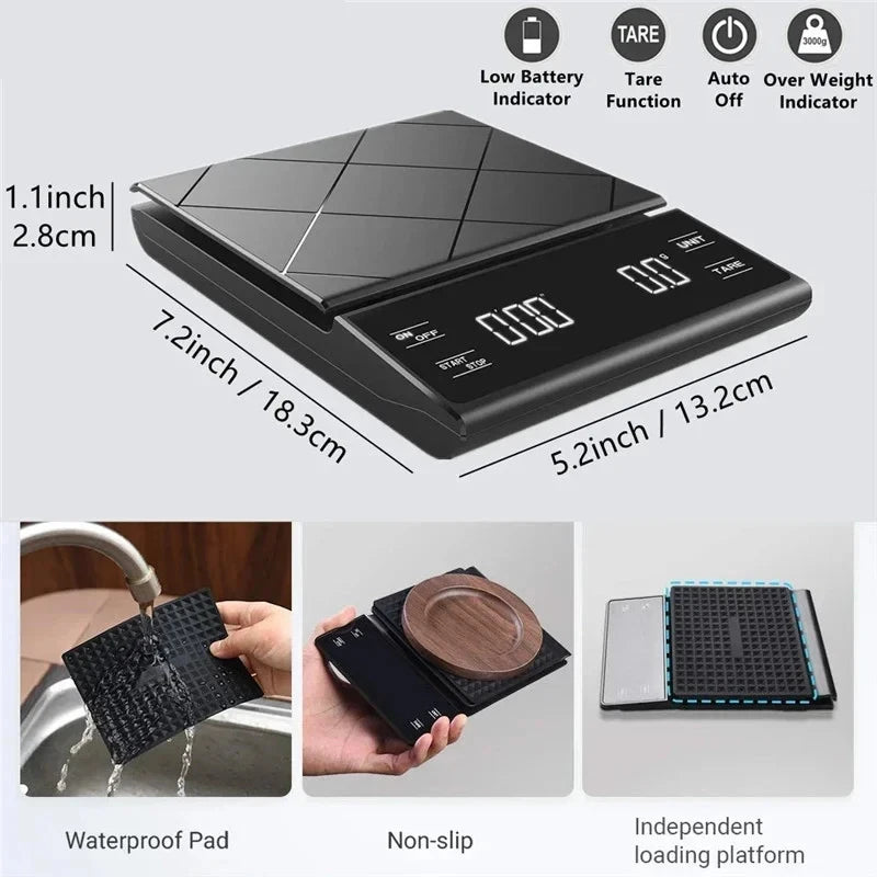 3kg/0.01g Precision Kitchen Scale with Timer-Digital Food Scale for Baking, Cooking&Coffee Brewing (LCD Display, Home Chef Tool)