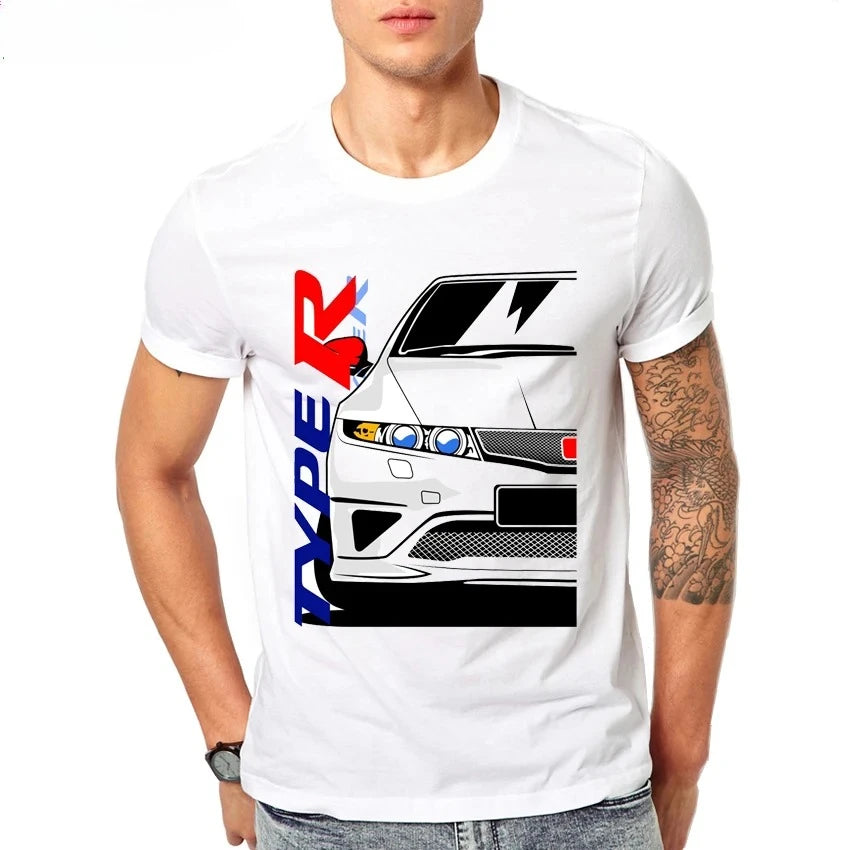 Retro Civic Type R FN2 Black T-Shirt New Summer Men Short Sleeve JDM Legends Print Tshirts Boy Casual Tops Car Sport White Tees