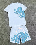 2026 Summer New Style Unisex Abstract Graffiti Graphic 2 Piece Tracksuit Black Tee and Elastic Waist Shorts for Kids Streetwear