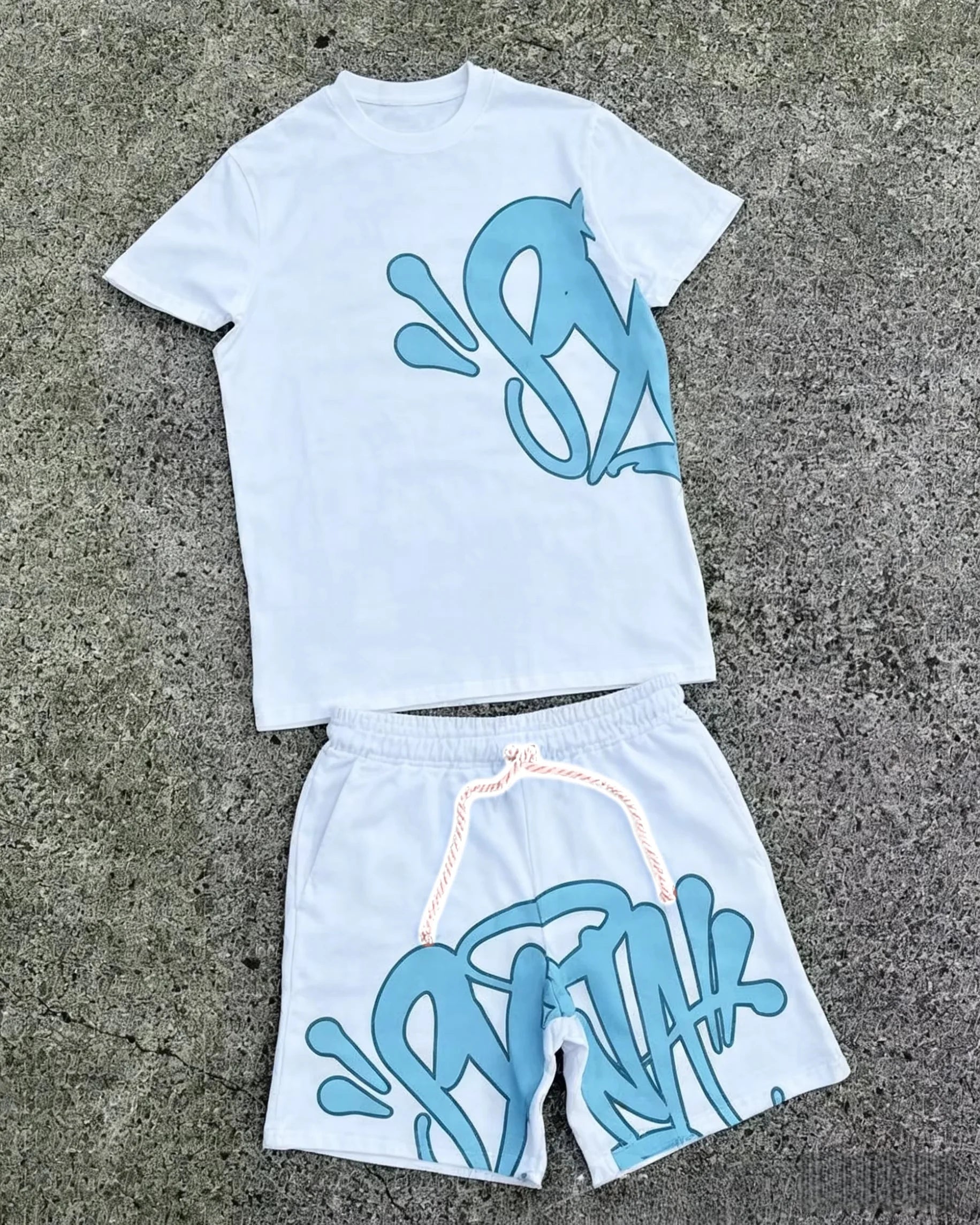 2026 Summer New Style Unisex Abstract Graffiti Graphic 2 Piece Tracksuit Black Tee and Elastic Waist Shorts for Kids Streetwear