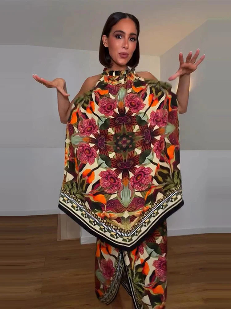 Halter Neck Floral Print Split Set Sleeveless Casual Top Tropical Wrap Slit Maxi Skirt 2026 Summer Bohemian Holiday Women Outfit