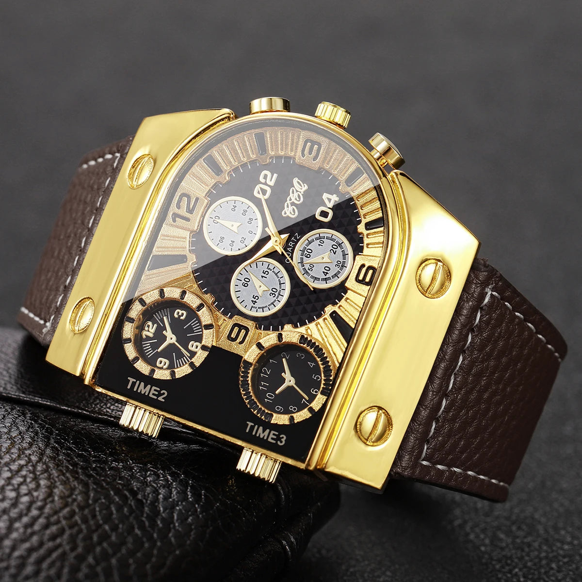 Luxury Square Decorative Five-eyes Dial Men Business Watch Casual Oversized Leather Strap Quartz Sports Wristwatch (Without Box)