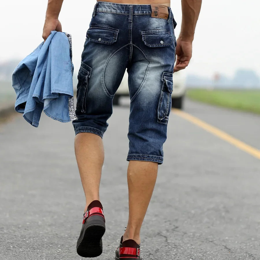 Men's Fashion Cargo Denim Shorts with Multi Pockets Slim Fit Military Jeans Shorts for Male Washed