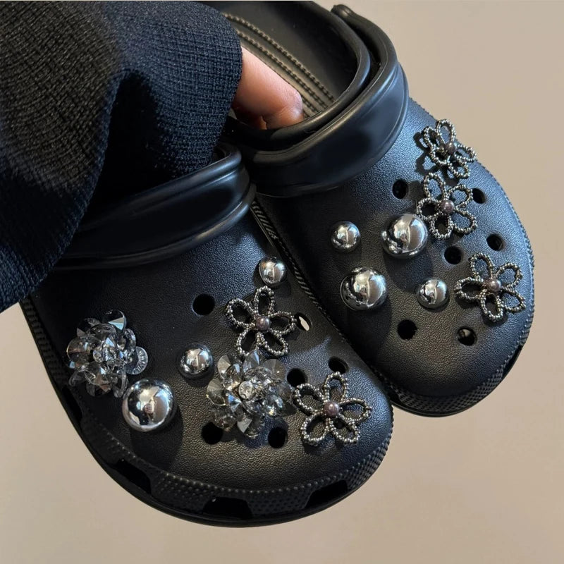 Bling Silver Rhinestone Flower Shoe Charms Metal Bead Bow & Heart Clog Charms Luxury DIY Shoe Decoration Punk Y2K Style Clog Pin