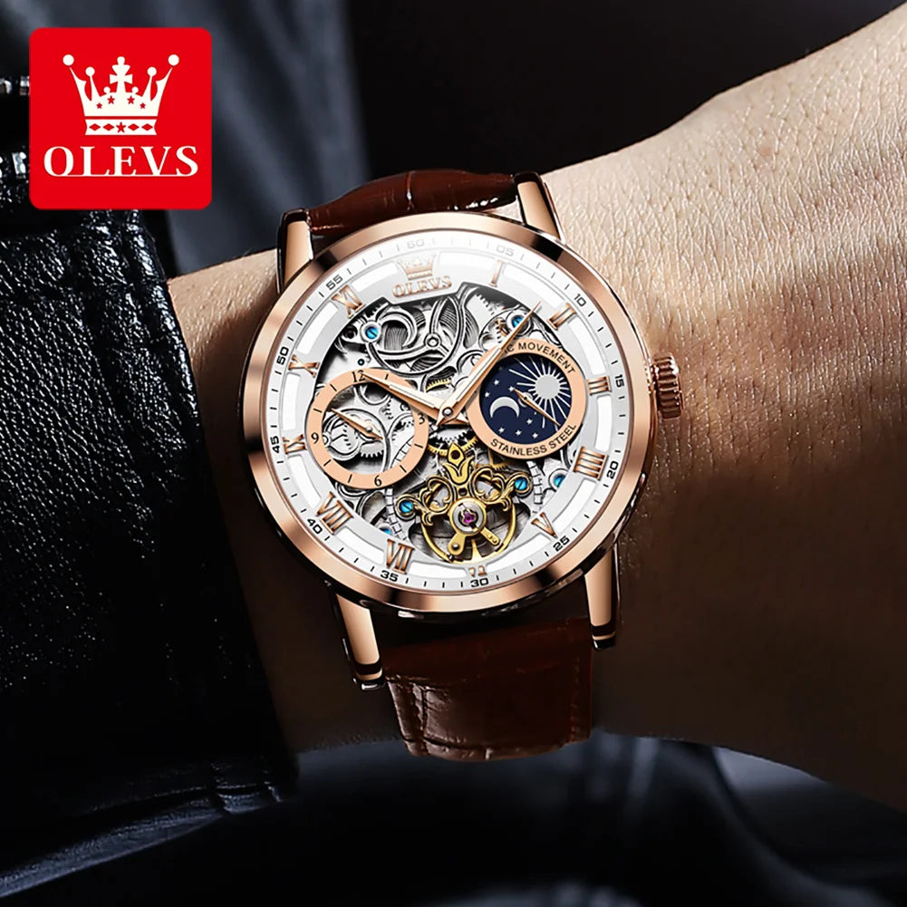 OLEVS 6670  Men Watch Luxury Leather Strap Sport Clock Business Automatic Mechanical Skeleton Wristwatch for Man High Quality