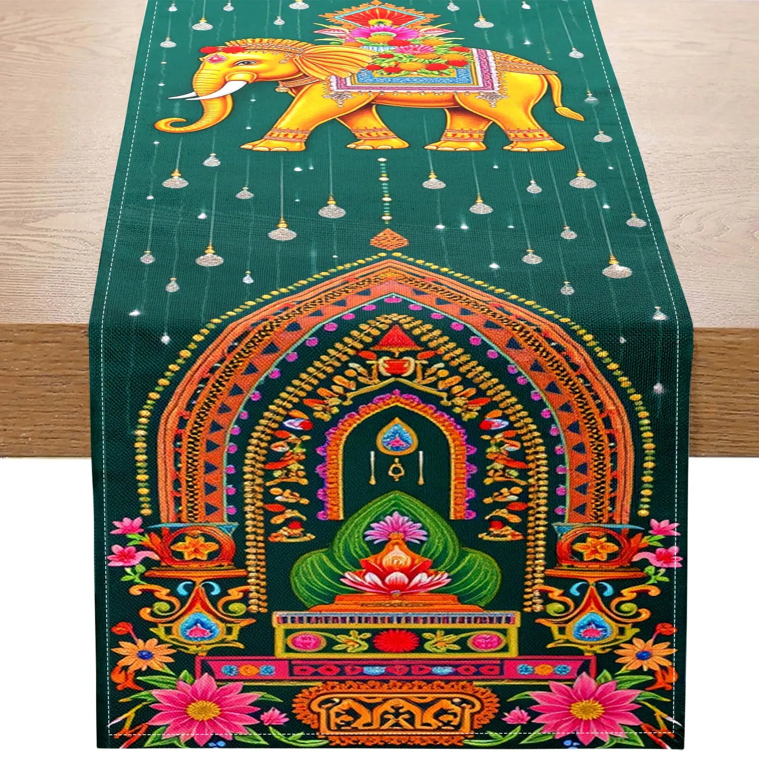 1 Piece of Indian-Style Elephant and Temple-Themed Table Runner, Golden Elephant, Indian Temple and Floral Decoration Pattern, Suitable for Indian Cultural Theme Parties, Exotic Restaurant Decorations, Indian Festival Event A