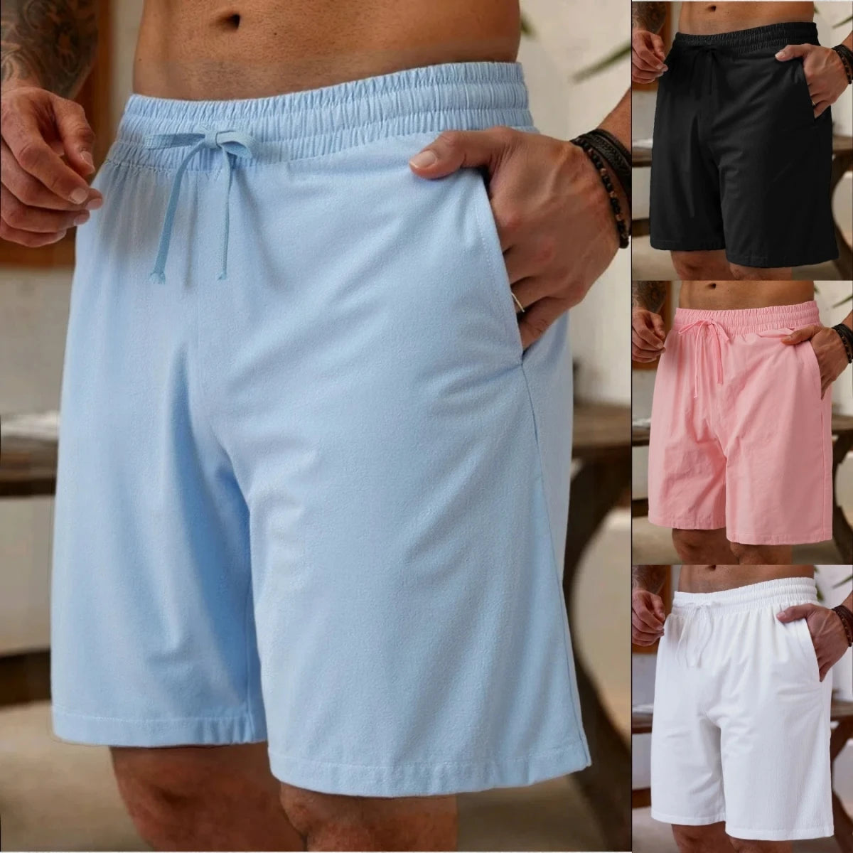Summer new men's casual shorts, plain-colored lightweight quick-drying beach pants, comfortable beach vacation casual shorts