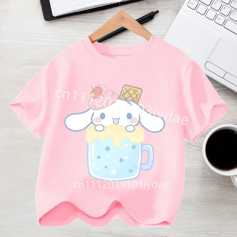 2026 Summer Casual Clothes Kawaii Gift Cute Cinnamoroll Girl T-shirt Cotton Anime Print Tee Shirt Kids Short Sleeve Streetwear