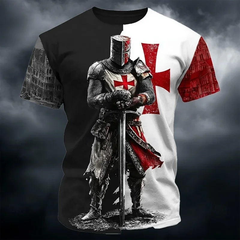 3D Print Templar Knight Warrior T-Shirt For Men Medieval Graphic Short Sleeve Tees Summer Casual Street Tops Round Neck T Shirts
