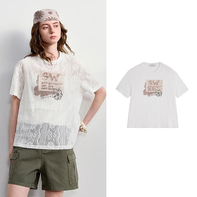 TOYOUTH Women Lace Sheer T-Shirt 2026 Summer New Letter Flower Print Loose Drop Shoulder Fashion Pullover Tops