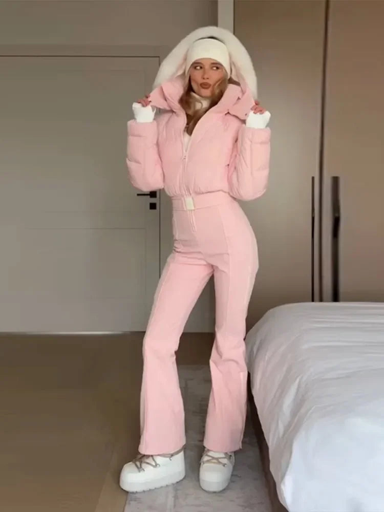 Women  Fur Collar Hooded Skiwear Fashion Solid Thicken Zipper High Waist Slim Outdoor Overalls Jumpsuit  Lady Winter Outwear
