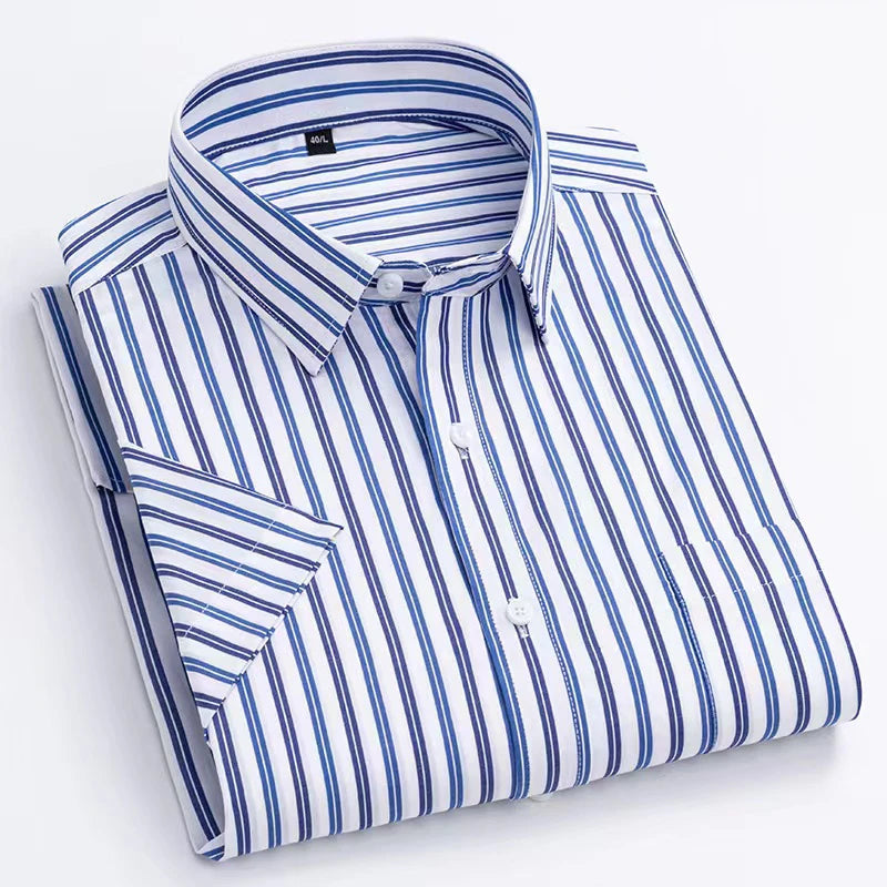 Men's Fashion Plaid Checkered Short Sleeve 100% Cotton Shirt Button-collar Holiday Youthful Striped Summer Casual Gingham Shirts
