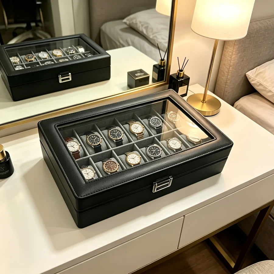 Men's 12 Slot Leather Watch Box with Lock, Luxury Watch Display Organizer + 3Pcs Clear Bracelet Storage Box 4Pcs Set