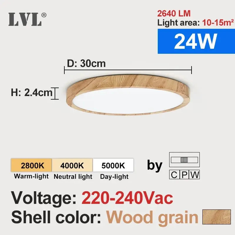 LVL LED Ceiling Light Wood Grain & White 3 in 1 Lighting Colors Home Lighting Kitchen Bedroom Bathroom Round Flush Ceiling Lamp