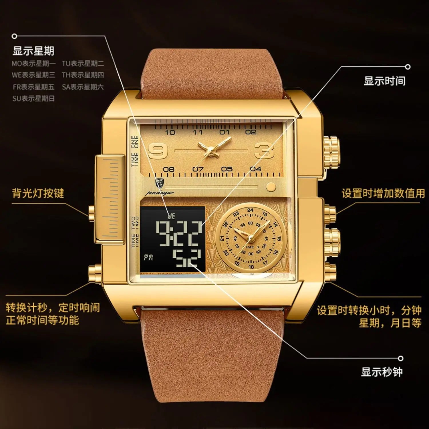 Luxury Man Wristwatch Rectangle Waterproof Luminous Day Week Men Watch Digital Multifunction Men's Watches Quartz Reloj