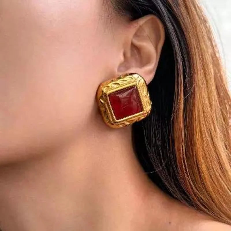 Uworld Vintage 18K Plated Gold Color Red Green Stone Geometry Ear Studs For Women Stainless Steel Earrings Waterproof Jewelry