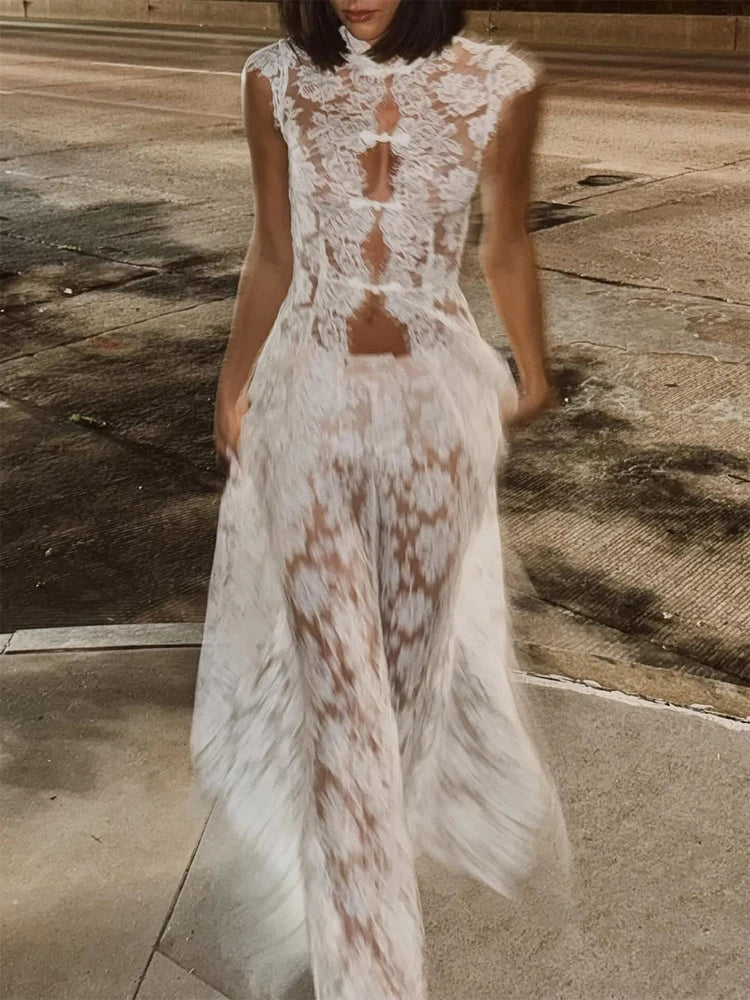 Solid Lace Halter Maxi Dress Sexy Cutout Waist Sheer Slim Fit Fishtail Long Gowns Women's Summer Evening Party Robes 2026 New