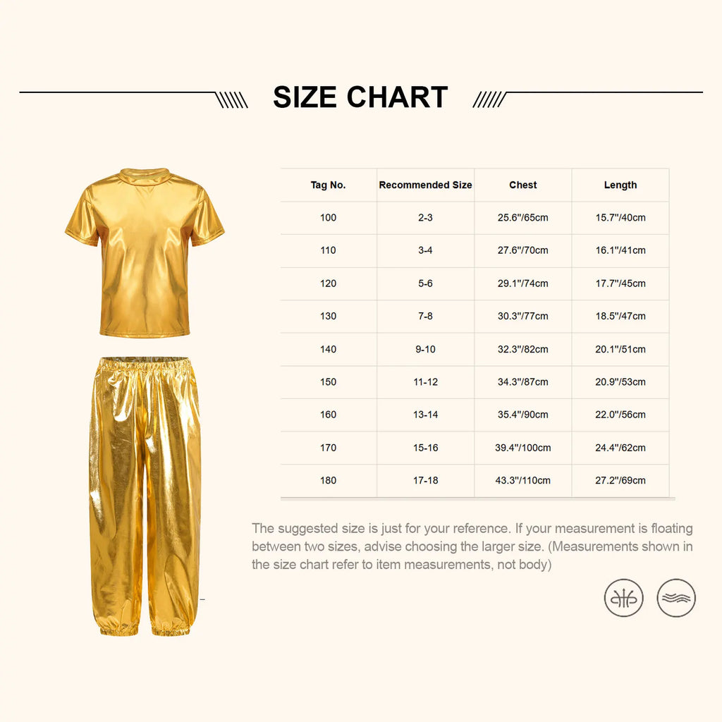 Kids Girls Boys Fashion Clothes Set Metallic Shiny T-shirt with Pants Suit for Jazz Hip Hop Street Dance Performance Costume