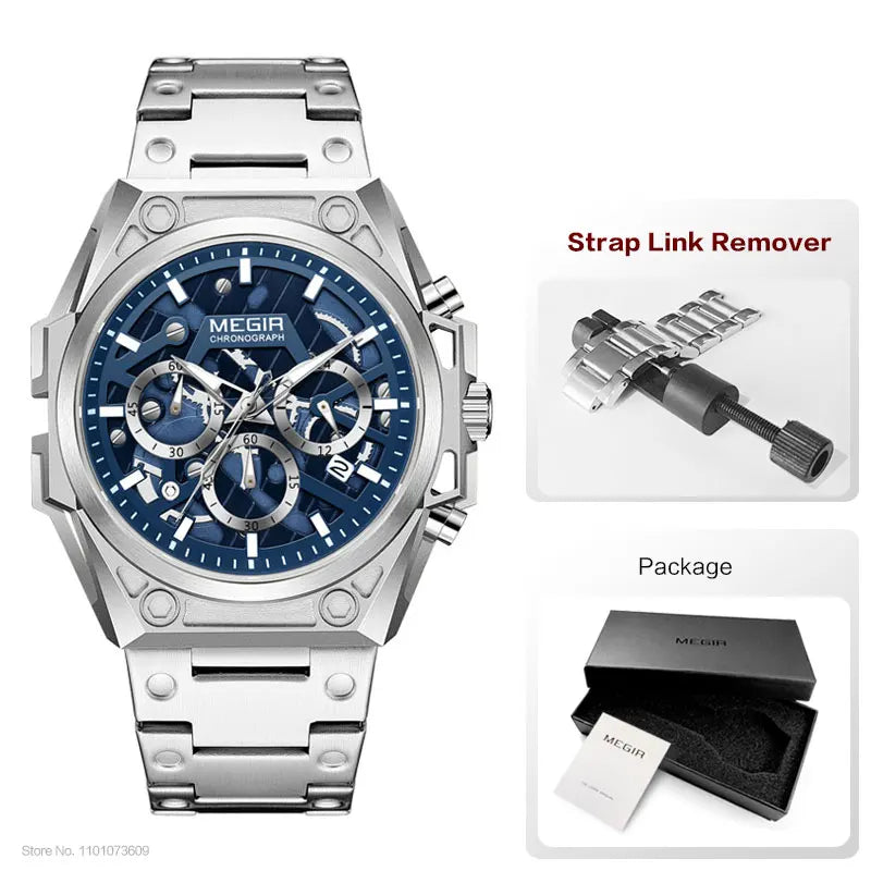 MEGIR Blue Watch Men Stainless Steel Dress Wrist Watch Man Waterproof Chronograph Quartz Watches Relogio Masculino часы мужские