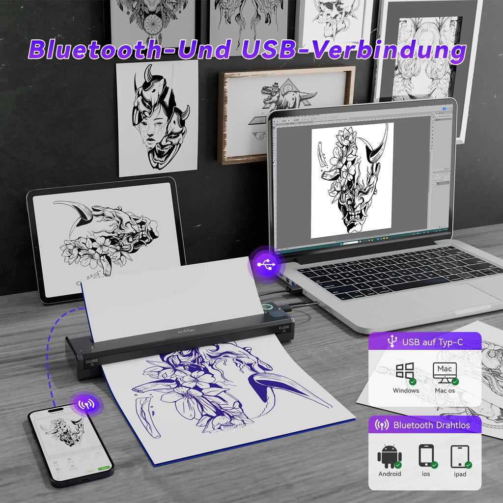 PeriPage P90 Thermal Tattoo Stencil Printer, Wireless Tattoo Machine with 5pcs Free Transfer Paper - Compatible with Phone & PC