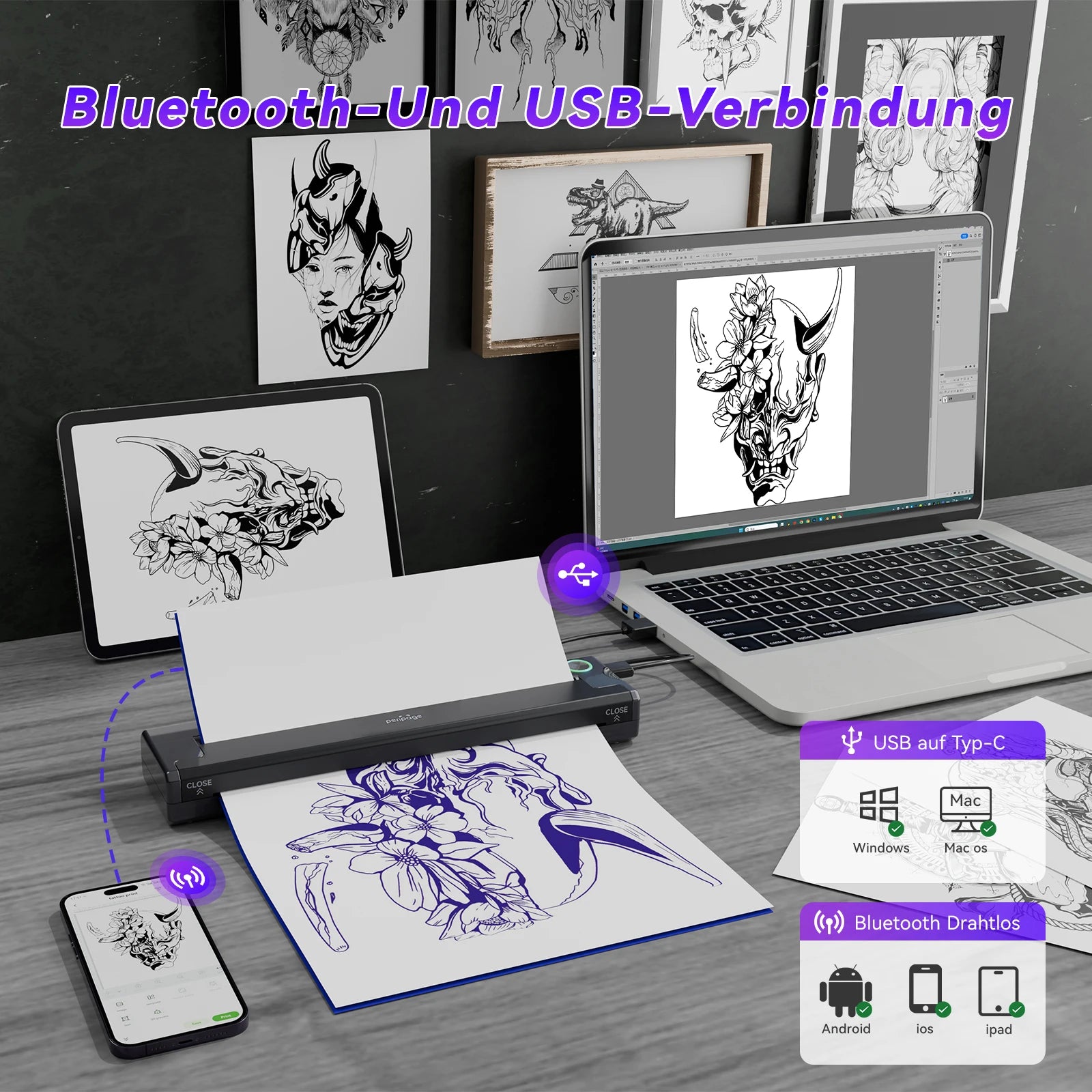 PeriPage P90 Thermal Tattoo Stencil Printer, Wireless Tattoo Machine with 5pcs Free Transfer Paper - Compatible with Phone & PC