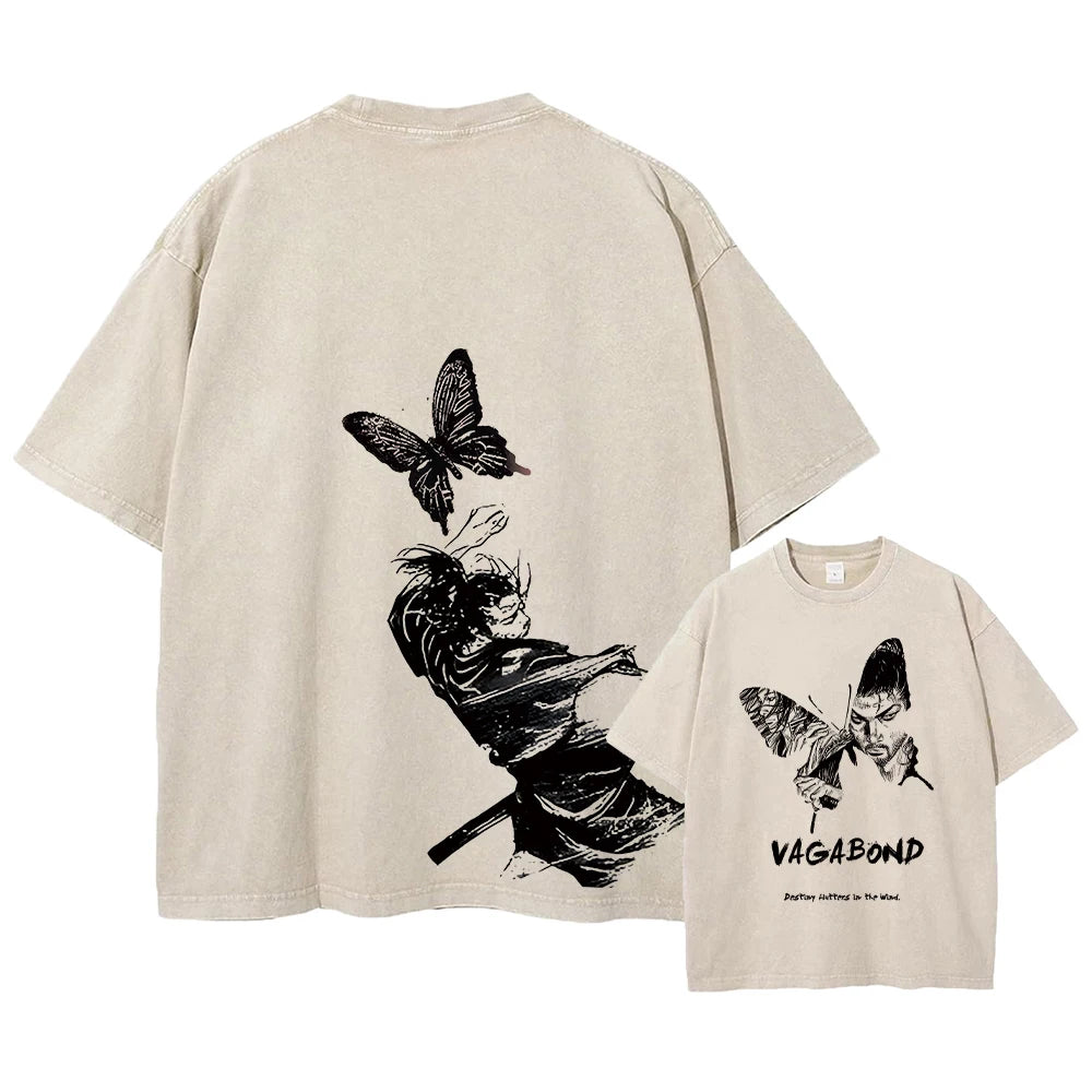 Anime Vagabond Miyamoto Musashi Cool Graphic Washed T Shirt Men Vintage Cotton T-shirts Harajuku Male Manga Comfortable Tshirt