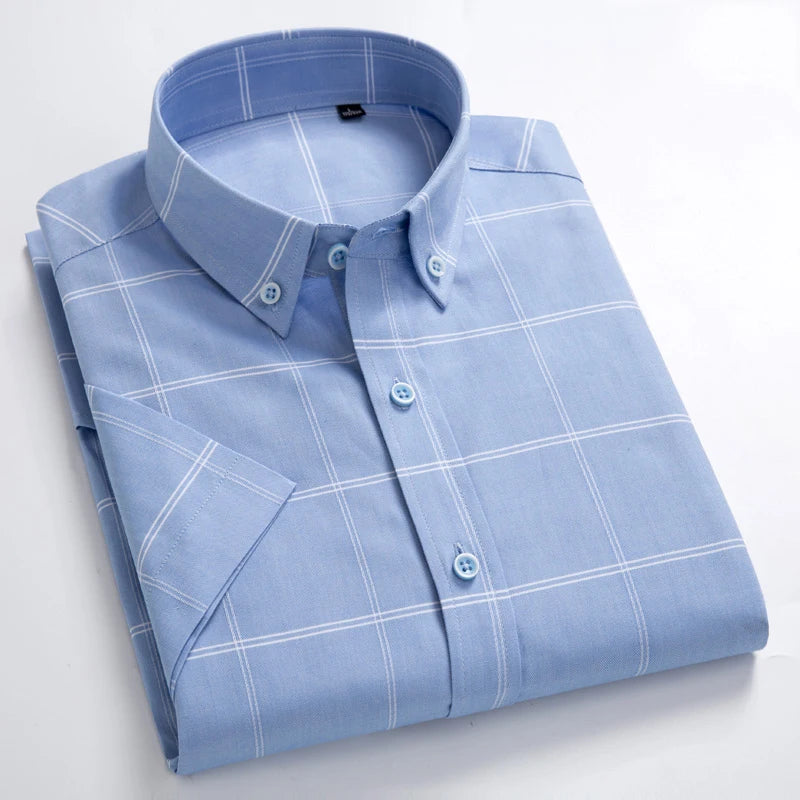 Men's Fashion Plaid Checkered Short Sleeve 100% Cotton Shirt Button-collar Holiday Youthful Striped Summer Casual Gingham Shirts