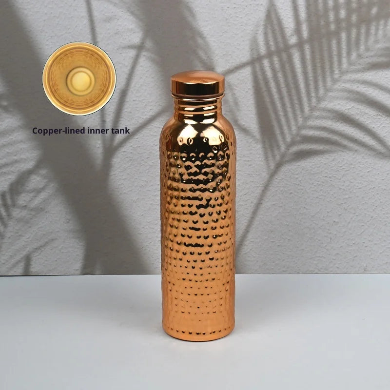 New 800ML Electroplated Copper Water Bottle One-Click Open Lid Stainless Steel Hammer Pattern Cup Sports Water Bottle