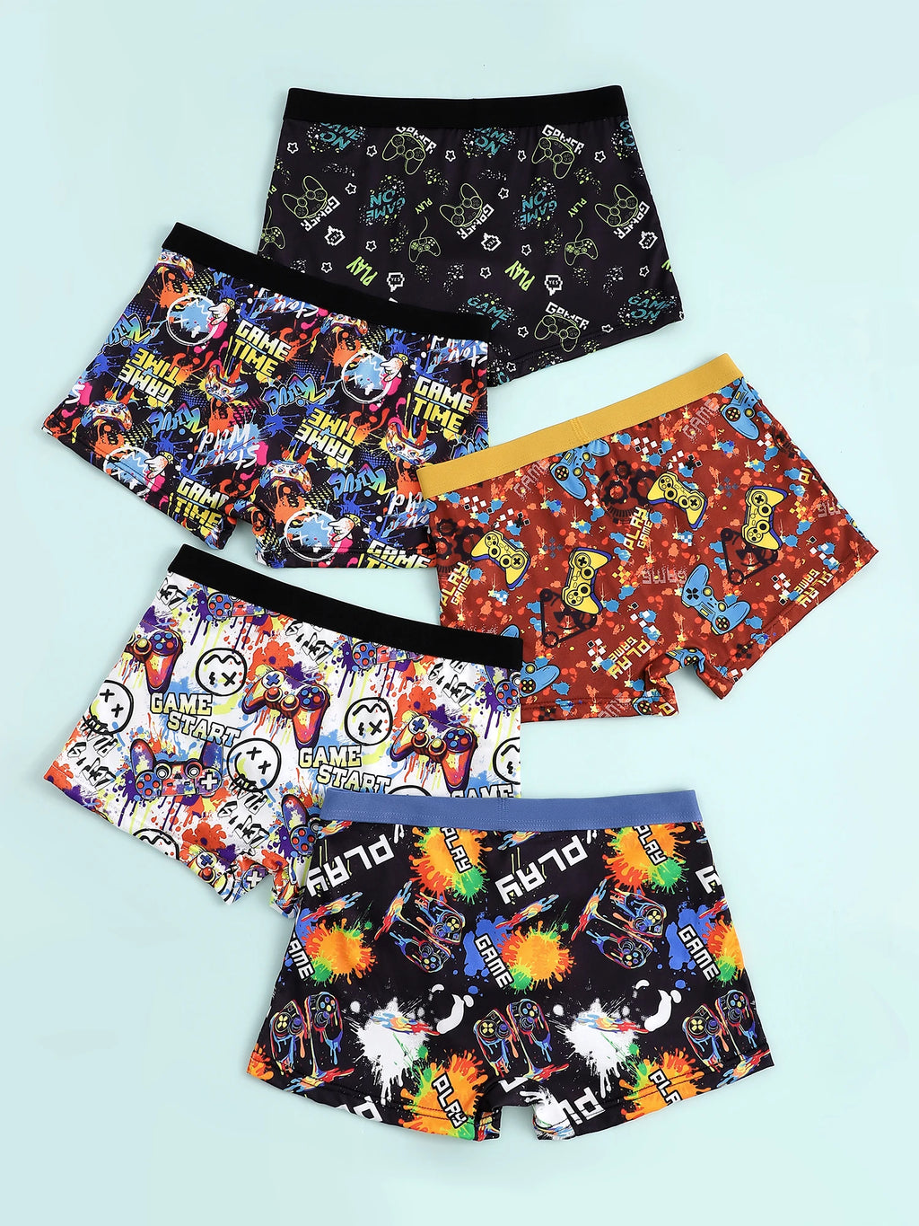 5-Piece Mixed Pack of Boys' Training Briefs with Game Console Print, Street Style, Soft and Comfortable, Stretchy Boxer Briefs for Children, Suitable for Ages 8-12