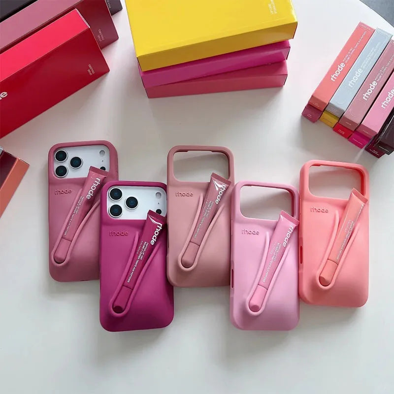 RHODE Lip Gloss Phone Case Silicone Protective Cases Makeup Lipstick Holder Set for IPhone 14 15 16 17 Pro Max Air 13 12 11 Plus