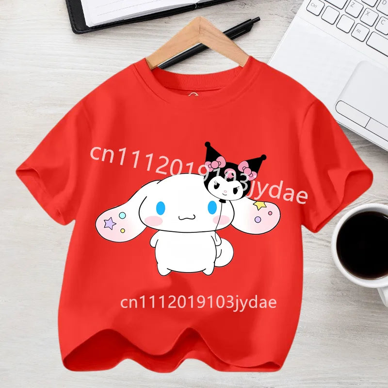 2026 Summer Casual Clothes Kawaii Gift Cute Cinnamoroll Girl T-shirt Cotton Anime Print Tee Shirt Kids Short Sleeve Streetwear