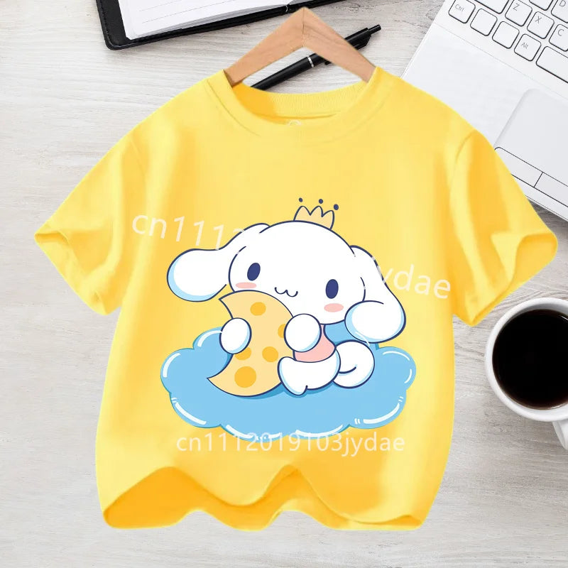 2026 Summer Casual Clothes Kawaii Gift Cute Cinnamoroll Girl T-shirt Cotton Anime Print Tee Shirt Kids Short Sleeve Streetwear