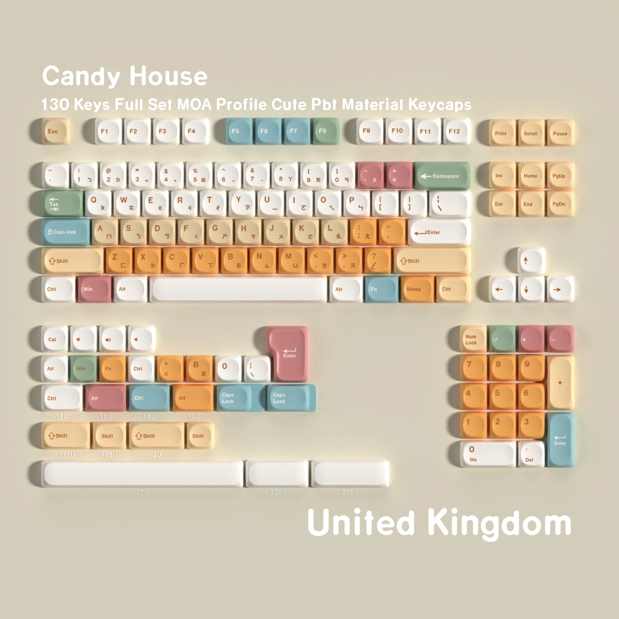 Moa Candy House PBT Keycaps 7U Alice Layout Space Keys Big Set Compatible with ANSI Russian Korean ISO Spanish German French ABN