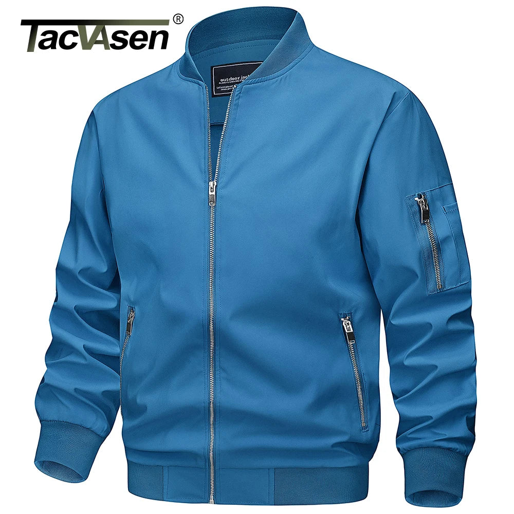 TACVASEN Spring Fall Thin Bomber Jackets Mens Jacket Lightweight Casual Windbreaker Zip Pockets Coats Biker Outwear Outdoor Male