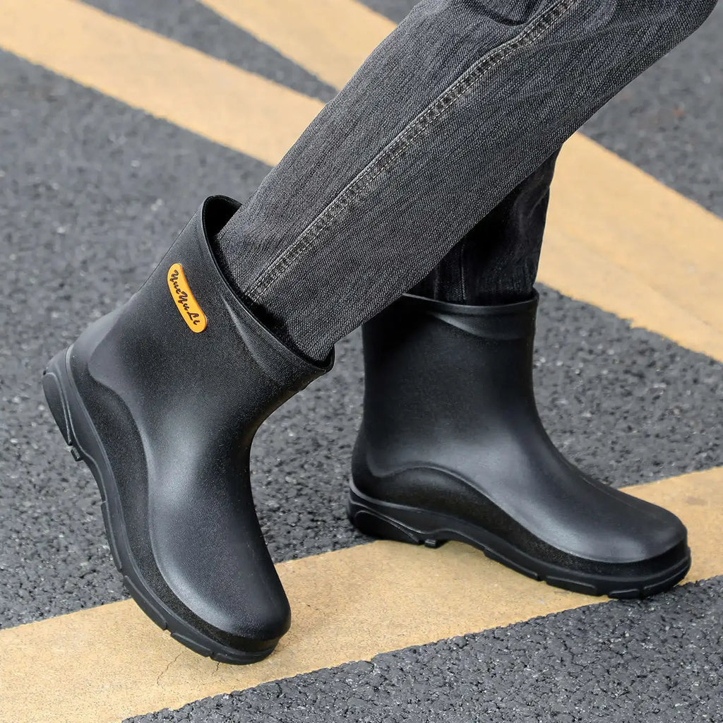 Men's Mid-Calf Waterproof Rain Boots Reflective Strip Security Flood Control Slip-On Shoe Camping Adventure Water Shoe