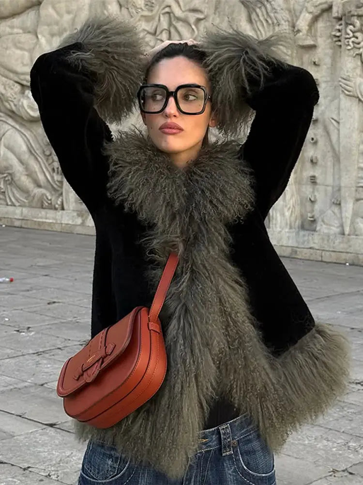 Vintage Patchwork Women's Faux Fur Trim Coat Urban Lapel Full Sleeve Female Jacket Female 2026 Autumn Winter Lady Streetwear New