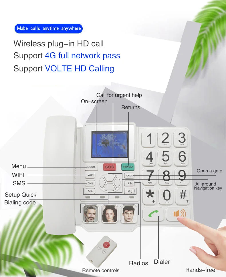 Hindetel 4G Cordless Landline Wireless House Phone Fix Telephone with SOS Big Button Remote Control for Seniors Elderly Old