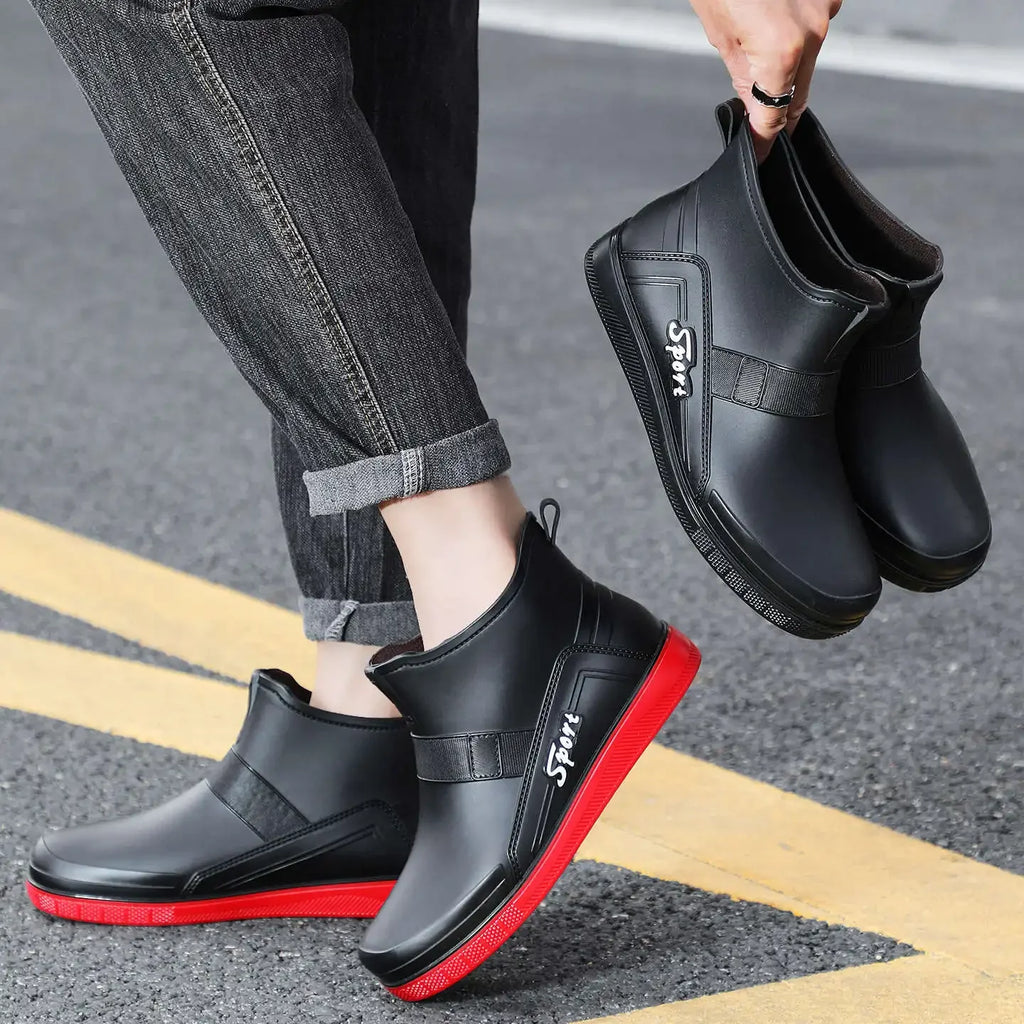 Men's Mid-Calf Waterproof Rain Boots Reflective Strip Security Flood Control Slip-On Shoe Camping Adventure Water Shoe