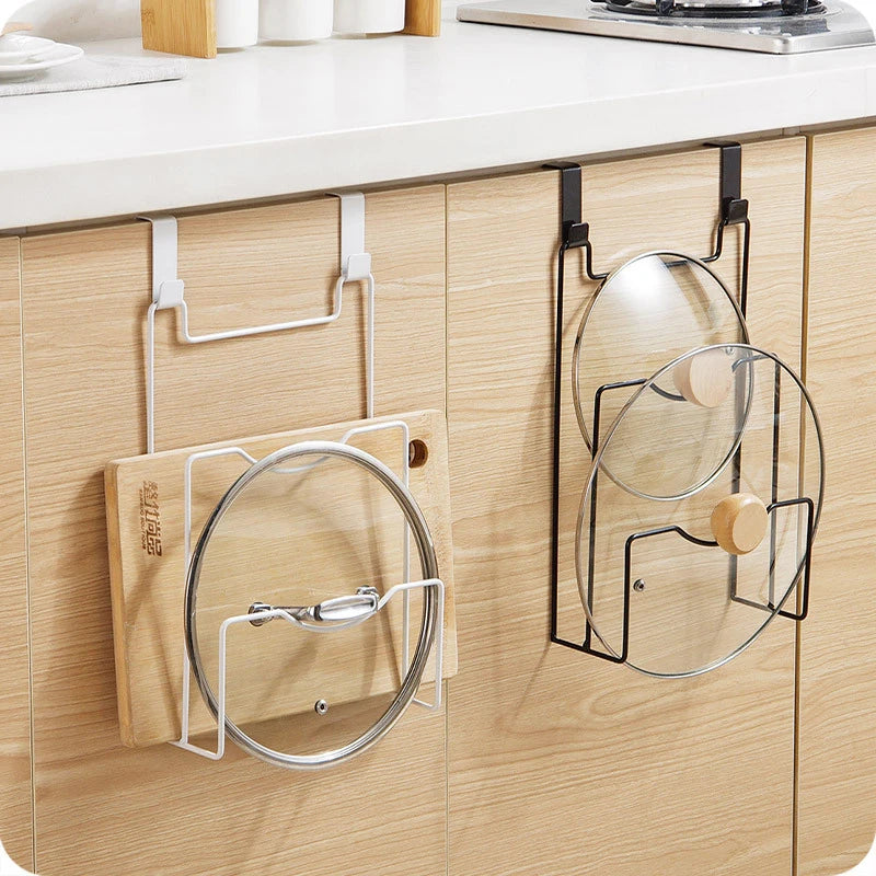 Hanging Pot Lid Rack for Cupboard Door Cutting Board Storage Shelf Kitchen Organizer Pan Cover Shelf Towel Hanger Storage Holder