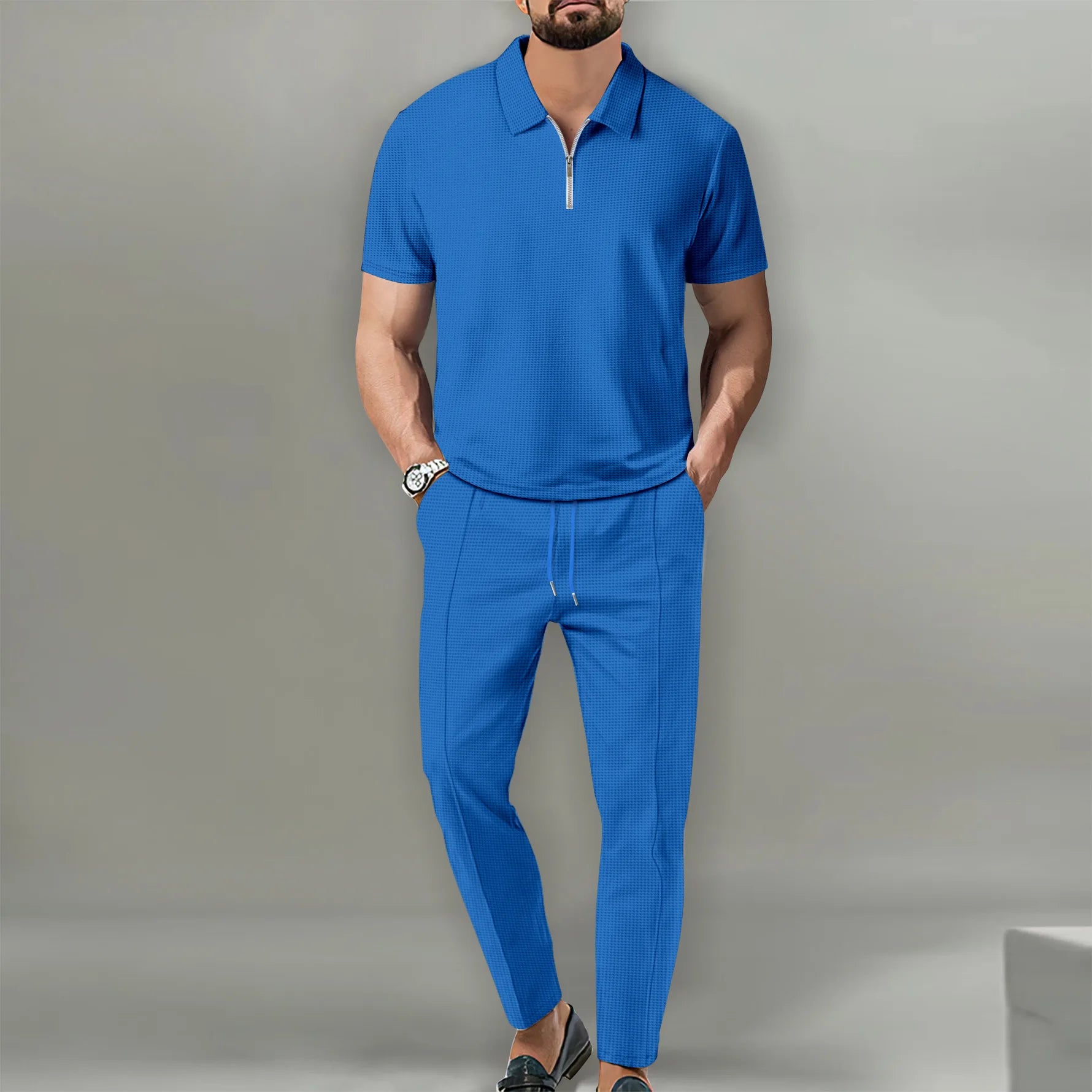 Summer Men Sports Polo Suit Short Sleeve Stylish Zipper Polo Shirt And Shorts Set Men Casual Streetwear 2-pie Leisure Sports Set