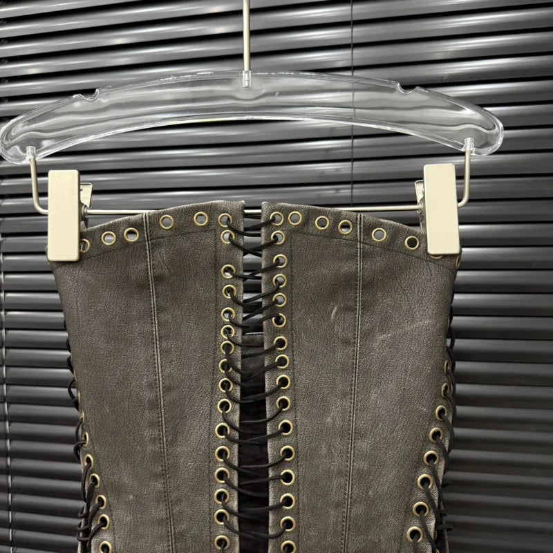 DEAT Fashion Vintage Bandage Design Hollow Out PU Short Strapless Vest For Women Outwear High Street Tank Tops Female 11A04791
