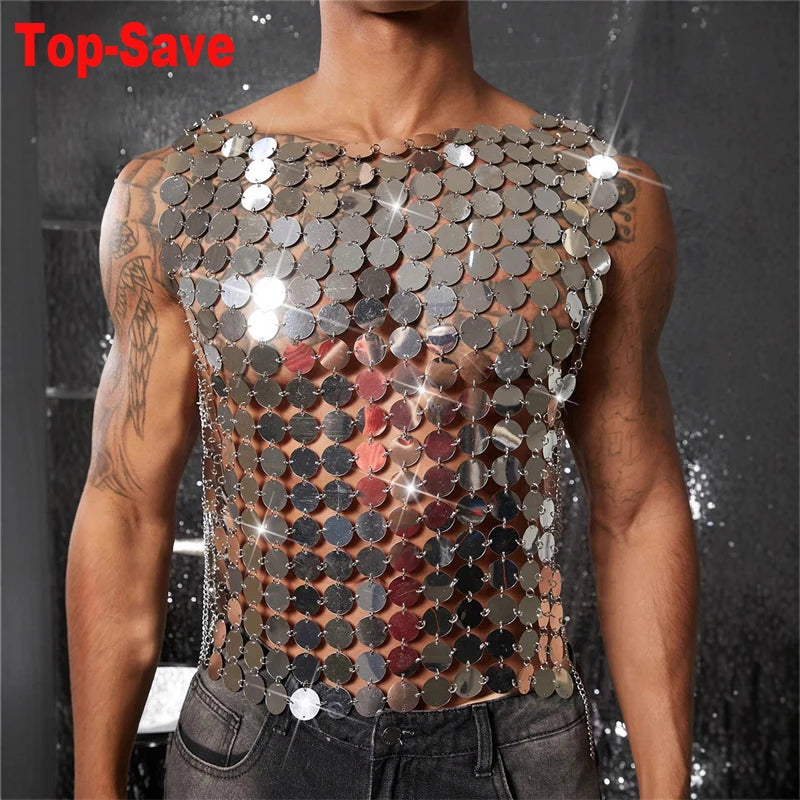 2025 New Men's Tank Tops Nightclub Metal Vest Handmade Sexy Perspective Party Stage Performance Punk Style Crop Top Accessories