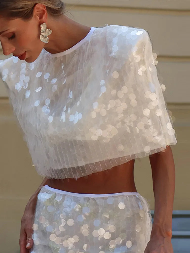 Sexy Sequin Two-Piece Skirt Set Women's Cropped Waist Hollow-out Padded Shoulder Tops Mini Skirt 2026 New Summer Ladies Outfit