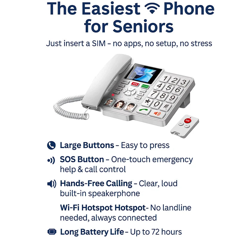 Hindetel 4G Cordless Landline Wireless House Phone Fix Telephone with SOS Big Button Remote Control for Seniors Elderly Old