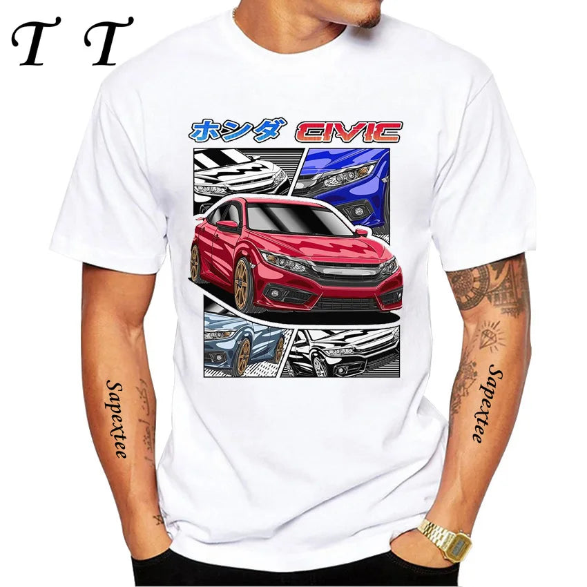 Retro Civic Type R FN2 Black T-Shirt New Summer Men Short Sleeve JDM Legends Print Tshirts Boy Casual Tops Car Sport White Tees