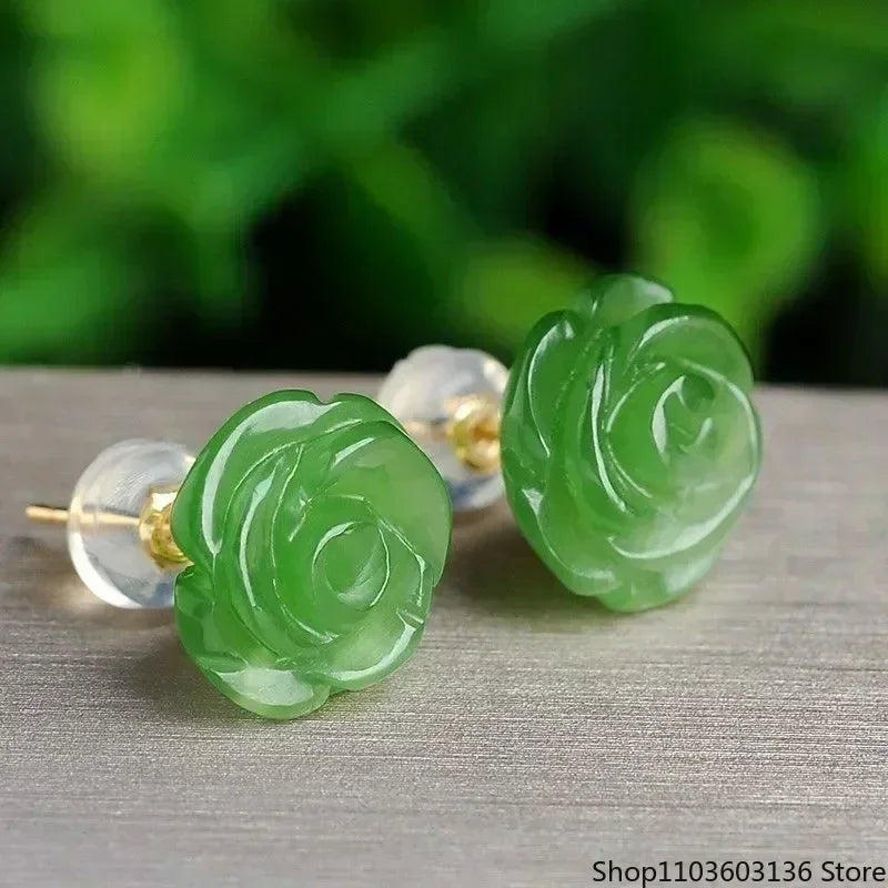 Natural Real Green Jade Rose Earrings 925 Sterling Silver Ear Studs Vintage Gemstone Jewelry TalismansEnergy Amulet Luxury Gift