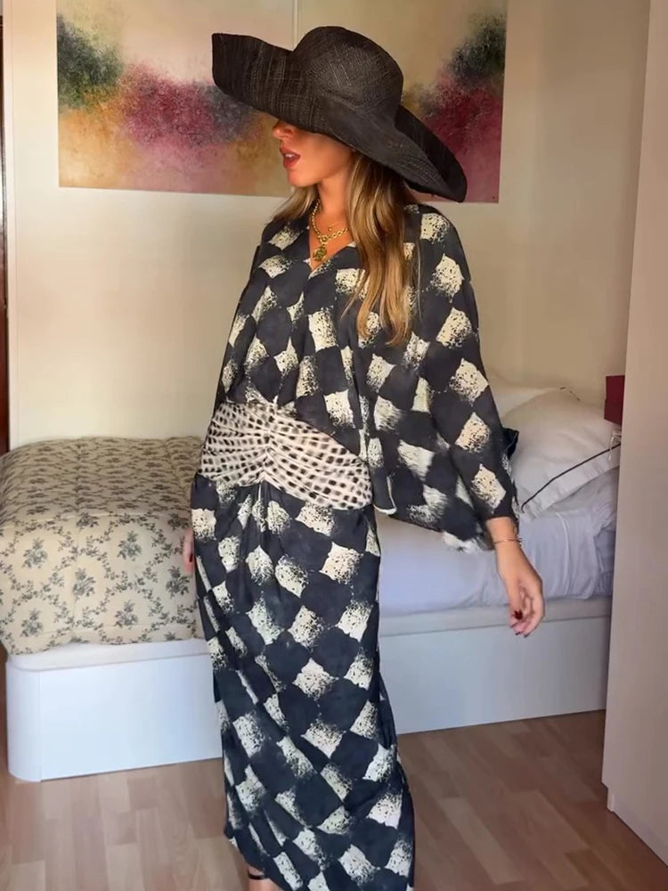 Elegant Plaid Printed Women's Dress V-neck Batwing Sleeve Waist Cinching Long Dress 2026 Spring Summer Casual Holiday Lady Robes