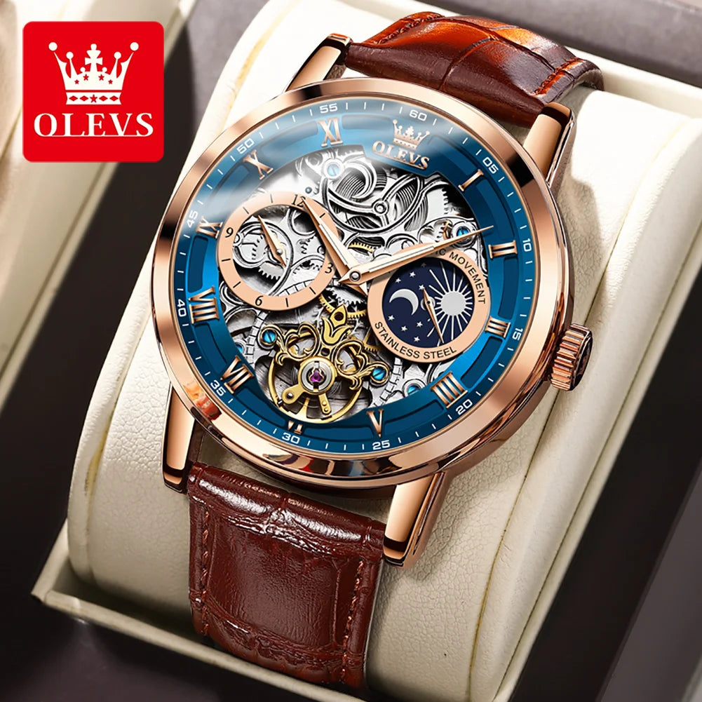 OLEVS 6670  Men Watch Luxury Leather Strap Sport Clock Business Automatic Mechanical Skeleton Wristwatch for Man High Quality