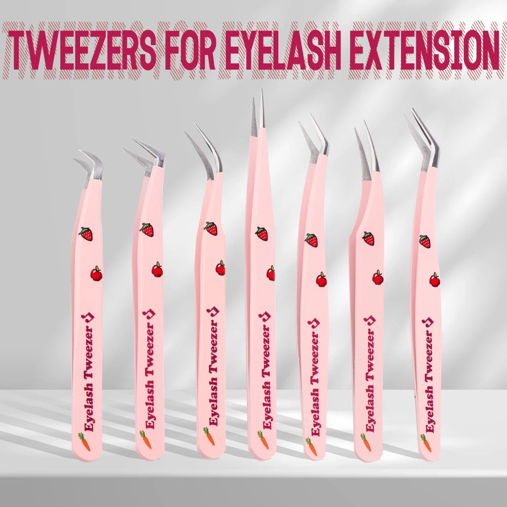 GEMERRY Eyelash Pink Strawberry Stainless Steel Superhard Tweezers For Lash Extension High Precision Anti-Static Makeup Tweezer